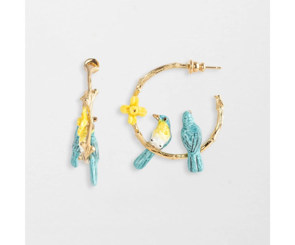 Branch earrings with lovebirds and daffodils